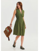 Khaki Summer Dress with Stand Collar and Zipper Detail 4440